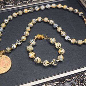 Striped Agate Jewelry Set Necklace Bracelet Earrings Koi Fish Medallion